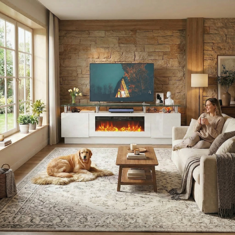 Kazimieras TV Stand with Electric Fireplace, 2-Tier Modern Media Console, White