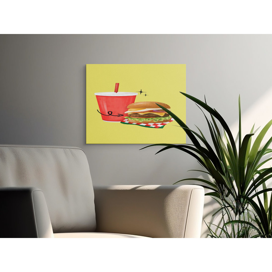 Fast Food Burger and Soda Canvas Wall Art, Retro Pop Art Kitchen Decor, Fun Game Room Print, Unique Foodie Gift