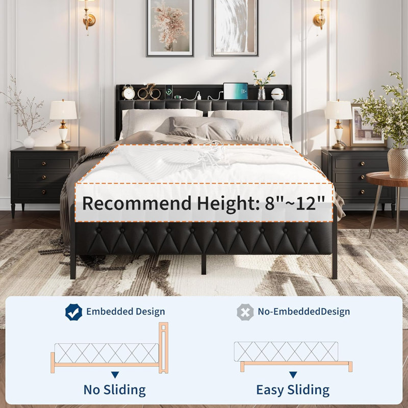 Grand lit plateforme en métal avec tête de lit en polyuréthane, station de rangement et de charge, aucun sommier nécessaire, noir moderne