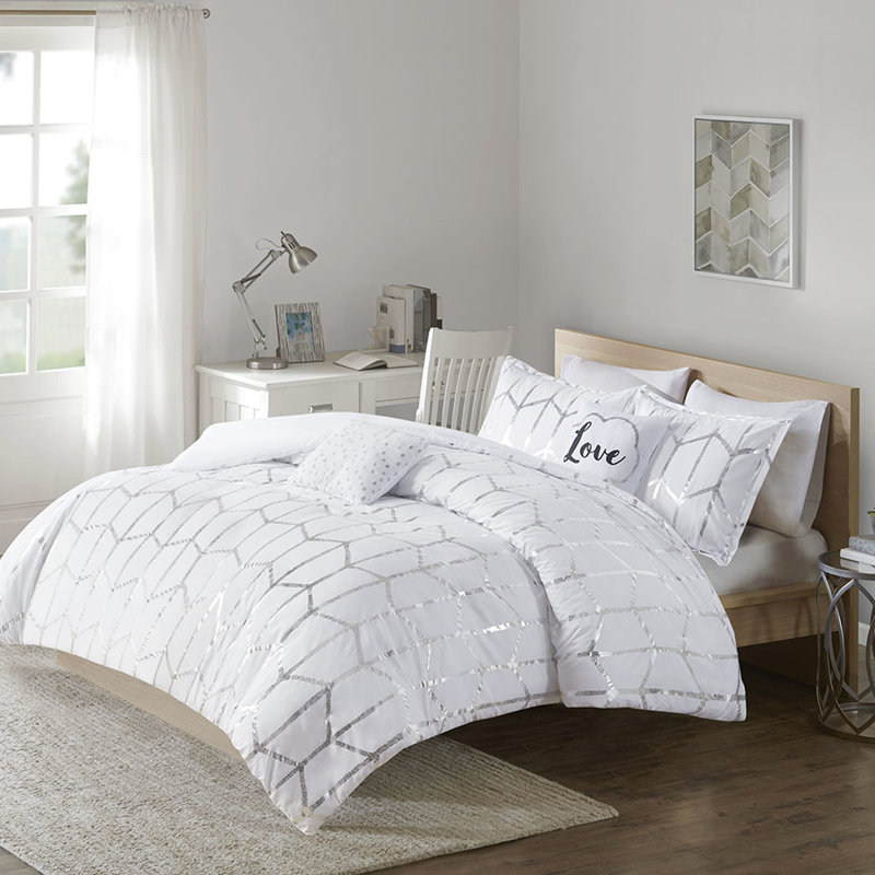 Édredon et édredon double / grand imprimé métallique - géométrique argenté sur blanc, microfibre, 2 taies décoratives, coussins décoratifs, imprimé de draps, vapeur