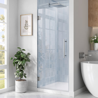 32 po x 72 po. Porte de douche à charnière entièrement sans cadre, verre trempé de 3/8 po (10 mm) avec accoudoirs en acier inoxydable, nickel brossé