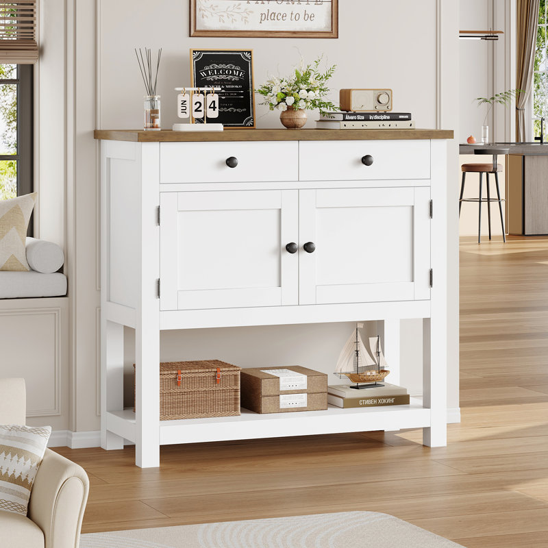 Latiasha 35.4'' Console Table with Drawers and Cabinet, White/Brown