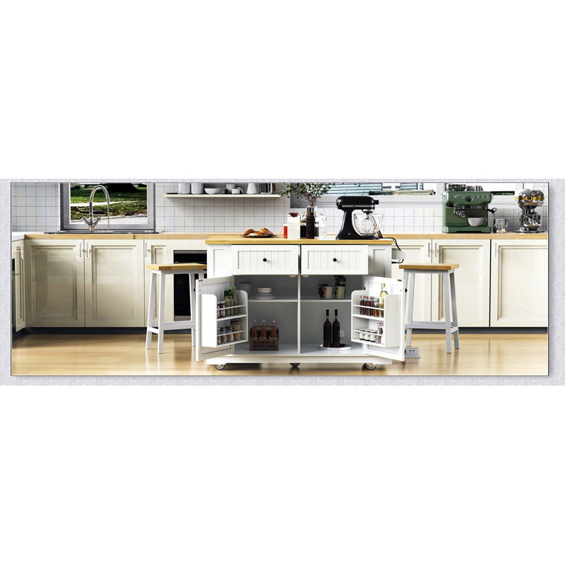 48 Inch Rolling Kitchen Island with Drop Leaf, Power Outlet, and Spacious Internal Storage for Modern Kitchens and Dining Rooms