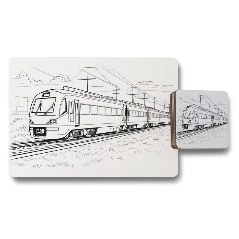 Train Themed Placemat Coaster Set With Railway Illustration