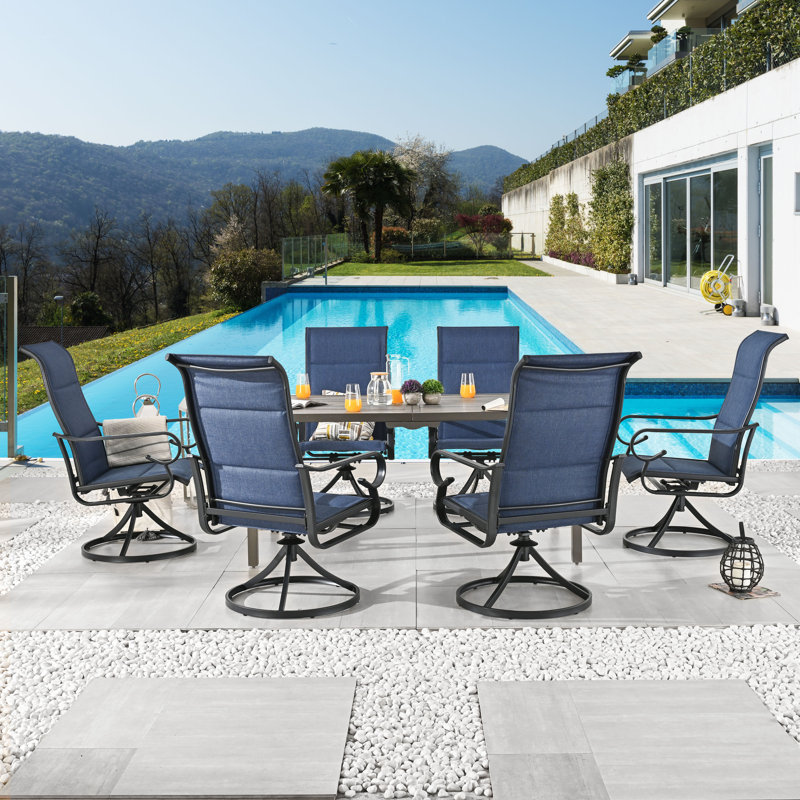 Outdoor 7-Piece Metal Patio Swivel Dining Set, Blue