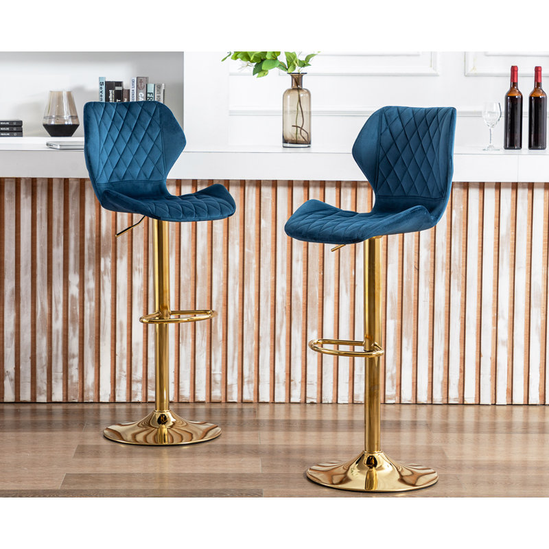 Tabouret de comptoir rotatif à hauteur réglable Tierone, Bleu marine, Or