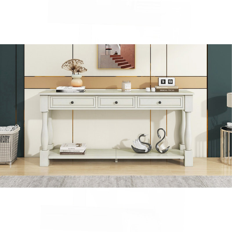 Console Console de 63 po de long avec tiroirs et tablette pour le vestibule, le couloir et le salon (blanc antique)