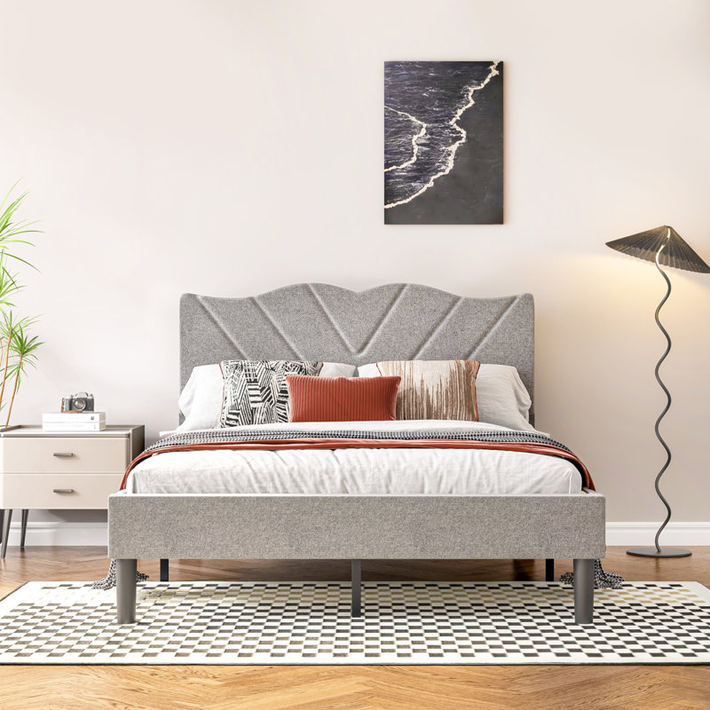 Lit plateforme Nataliah avec tête de lit tapissier et lattes en bois, Double, Gris