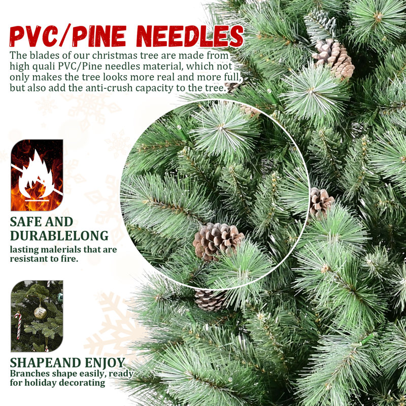 Arbre de Noël 7,5 pi avec 1588 pointes et 92 pommes de pin - PVC mixte / aiguille dure, installation à charnières, support en métal