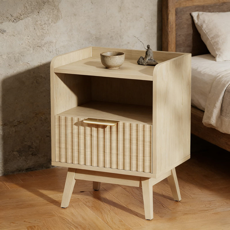 Table de chevet cannelée moderne avec tiroir et tablette ouverte, table de chevet Boho avec rebord surélevé, pieds en bois massif et poignée en métal pour la chambre à coucher, le salon ou le bureau