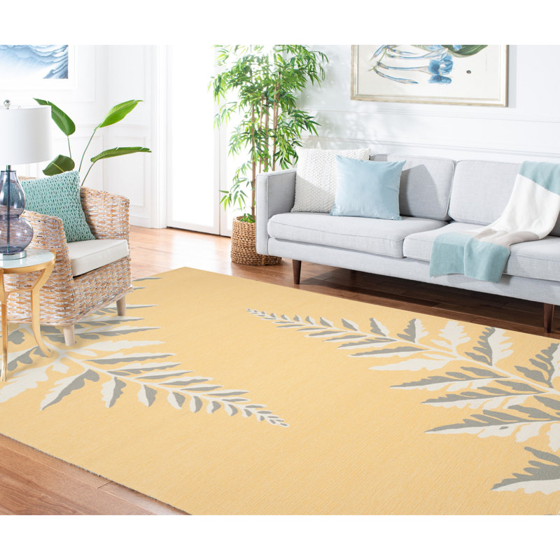 Tapis jaune / gris crocheté à la main à motif floral, Rectangle 8 pi x 10 pi