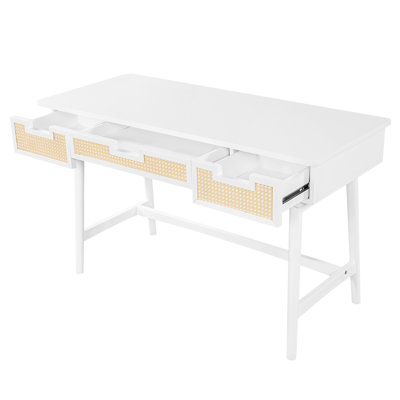 Bureau en bois de rotin avec 3 tiroirs en rotin, placage en bois d'hévéa et MDF. Table de console multifonctionnelle avec système antibasculement, idéale pour le salon, la chambre à coucher et le bureau.