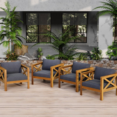 Fauteuil club extérieur en bois avec coussins en tissu imperméable gris foncé, finition soignée, montage facile (4 pièces) - Idéal pour terrasse.