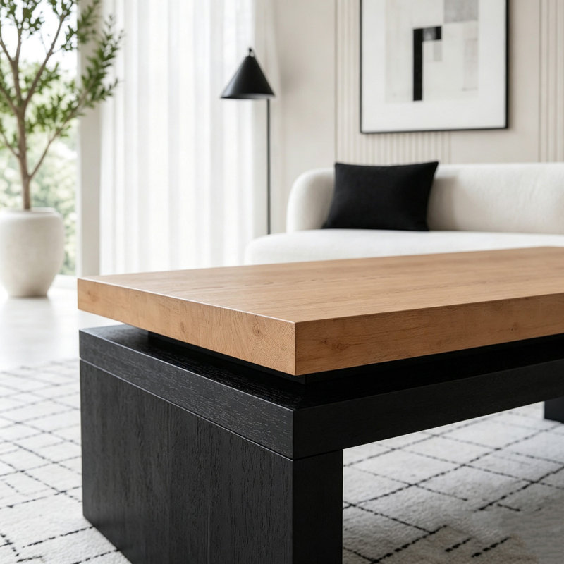 Modern Industrial Coffee Table with Two-Tone Floating Top Design, Black+Natural
