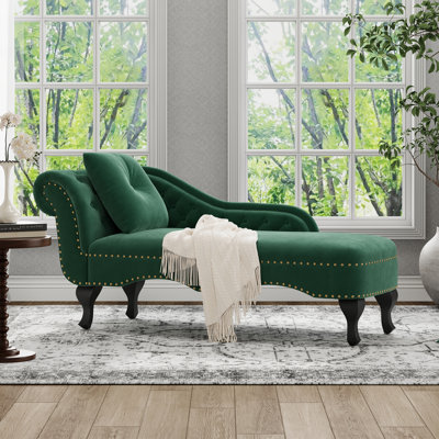 Aurielle Modern Neoclassical Velvet Chaise Lounge with Button Tufted Scrolled Backrest, Nailhead Trim, and Decorative Pillow by George Oliver