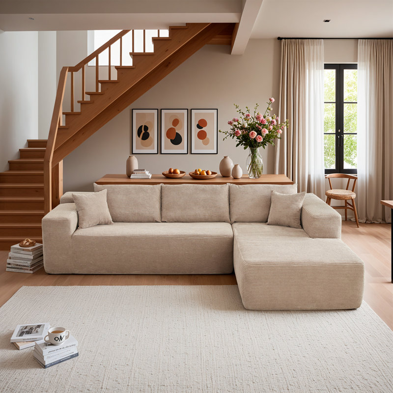 Canapé modulaire rembourré Boneless, Velours côtelé beige, Orienté à droite