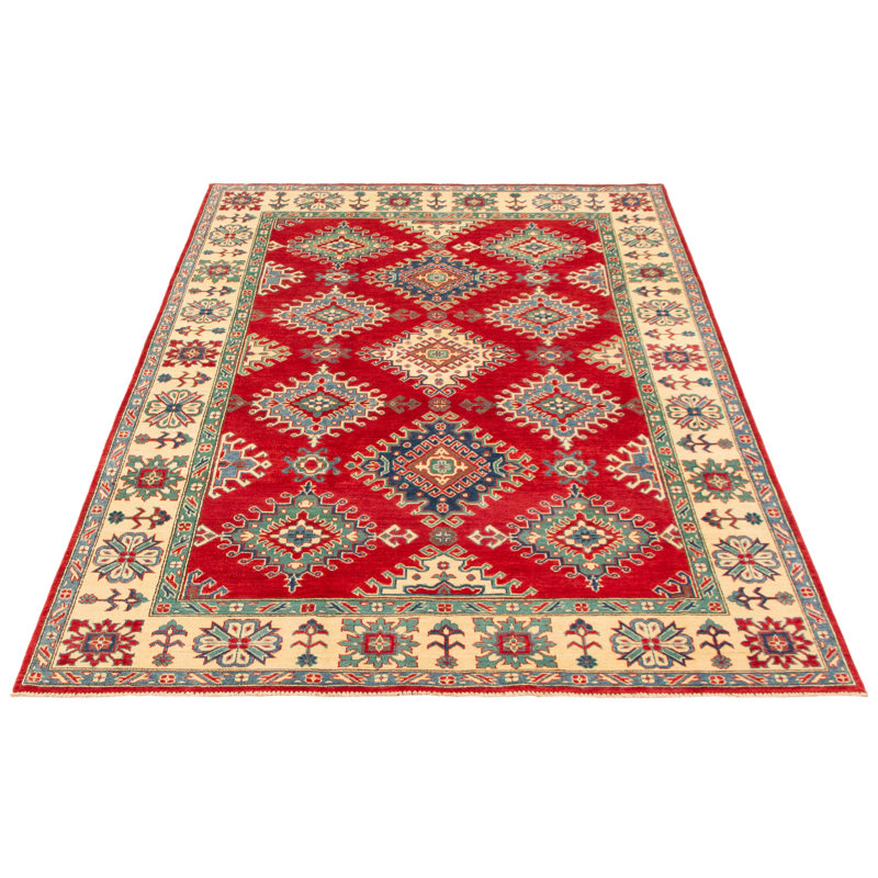 Tapis rouge foncé / jaune en laine noué à la main de conception unique 6 pi 6 po x 9 pi 11 po Oler
