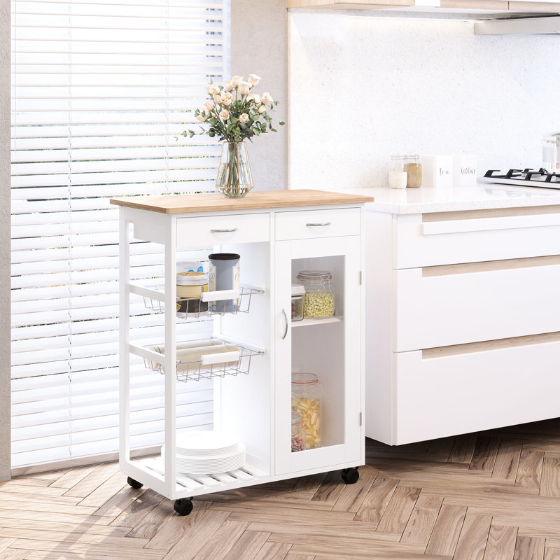 Îlot de cuisine avec rangement 28 po - Panier en métal, armoire, tiroirs, roulettes à finition blanche