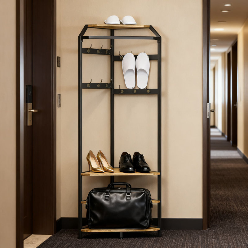 Portemanteau d'angle avec banc à chaussures et étagère de rangement, 6 organisateurs d'arbre de couloir à double crochet pour le vestibule, le couloir et le garde-robe