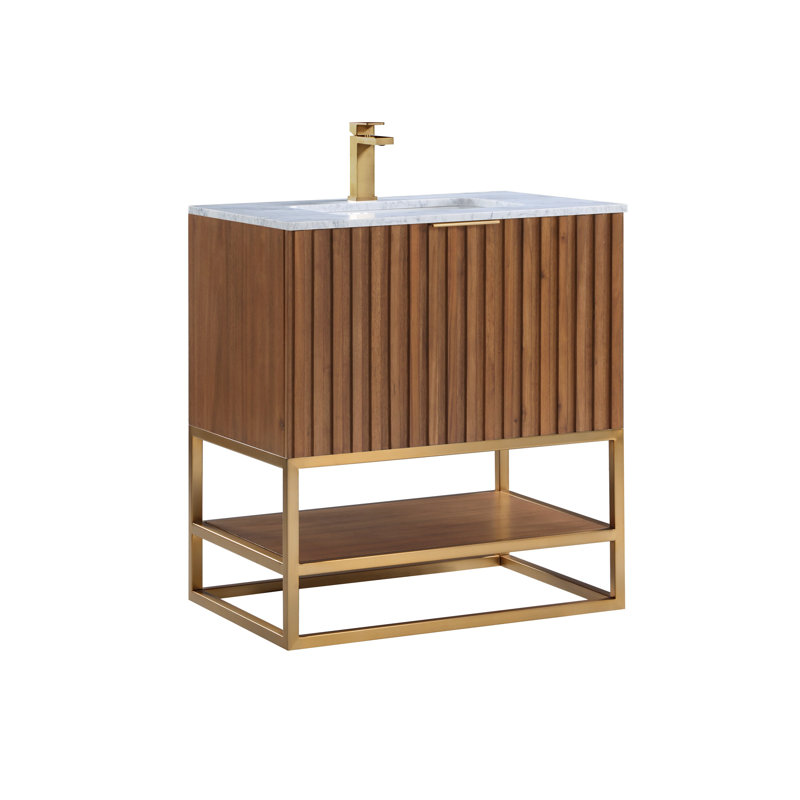 Terra 30'' Single Bathroom Vanity with Top, Walnut, Carrara Marble/Single Faucet Mount, Satin Brass