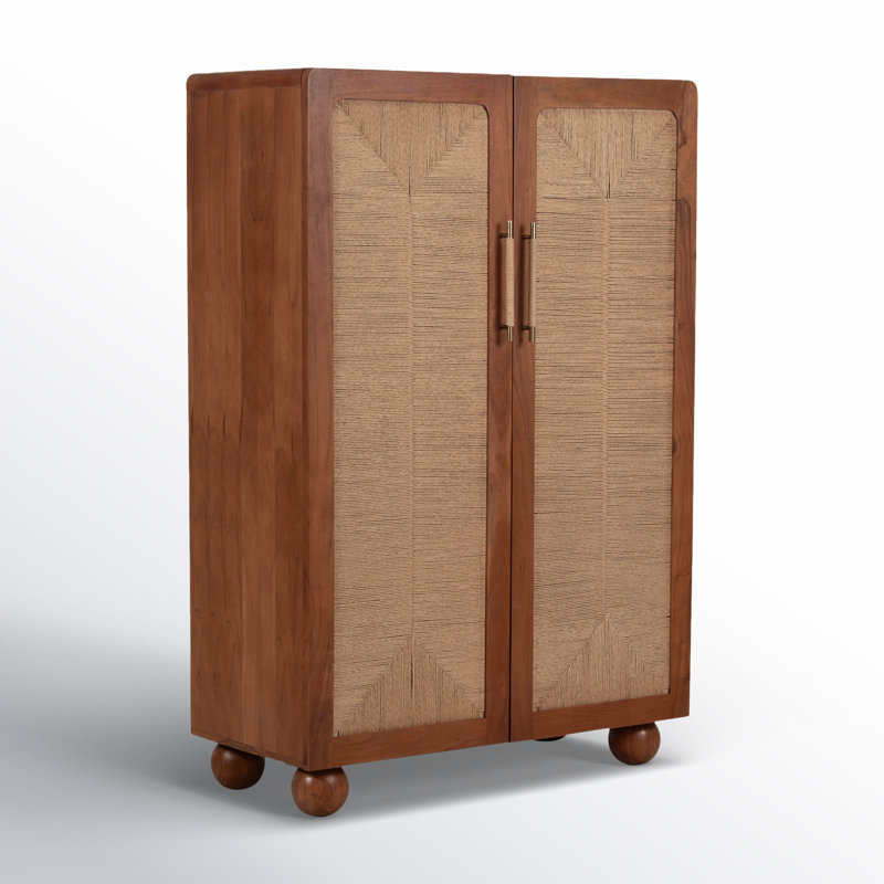 Wood Storage Cabinet Acacia Wood MDF Oak Veneer Woven Panel Doors and Interior Shelves