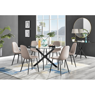 Tierra Modern Chrome Metal & Glass Round Dining Table Set with 6 Luxury Faux Leather Chairs