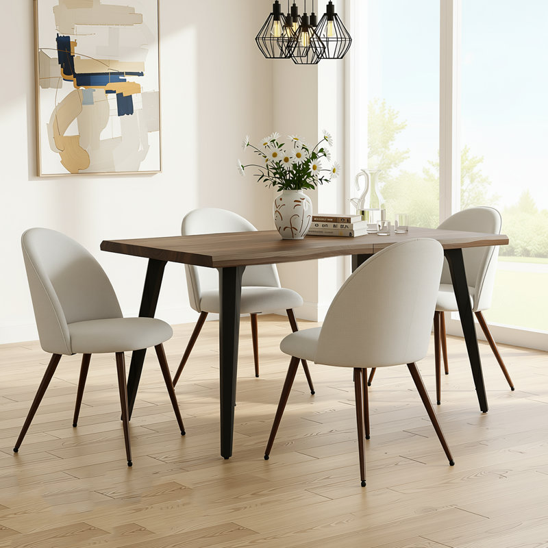 Shivani 5-Piece Dining Set - 63” Wood Table with Modern Wavy-Edge Design for Kitchen Dining Room, Ivory/Brown, Dark Walnut