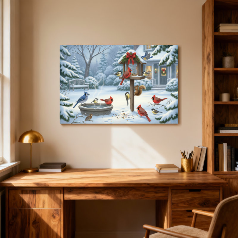 Oiseaux d'hiver de Noël se nourrissant dans une cabane d'oiseaux, H 24 po x l 36 po