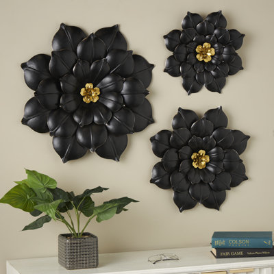 Metal 3D Floral Black Wall Decor with Gold Center Set