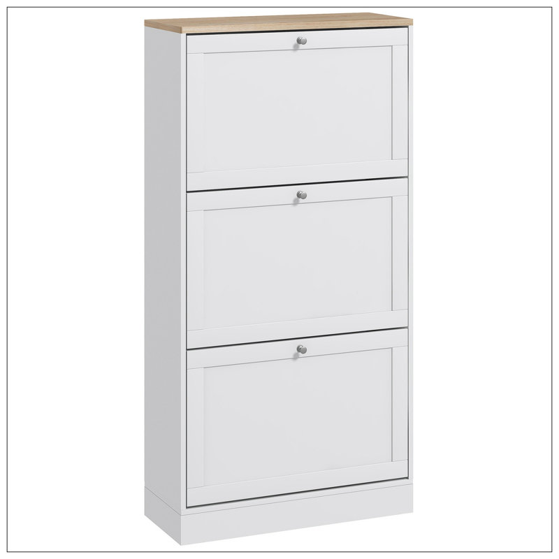 Narrow Shoe Storage Cabinet For Entryway With 3 Flip Drawers And Adjustable Shelves, Shoe Rack Organizer For 18 Pairs Of Shoes, White