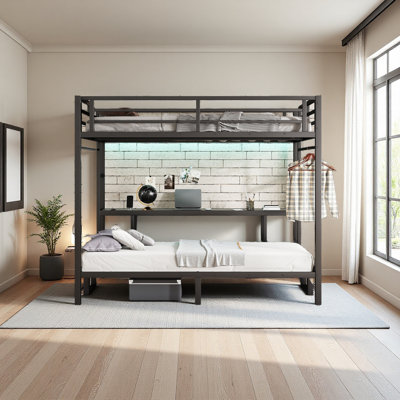 Queen Over Twin XL Metal Bunk Bed/Loft Bed With Desk And Shelves, Multiple Uses Folds Into Sofa With LED And USB, Black