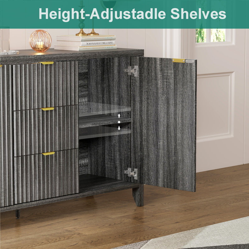 Black Fluted Wood Sideboard with Drawers and Doors, 46.5"