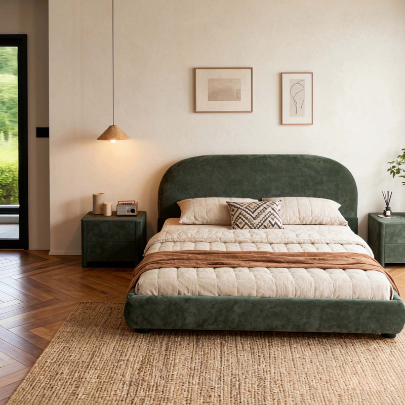 Dark Green Velvet Soft Bed: Light Luxury Texture, Adding a High-end Atmosphere to Bedroom,King, Green, King