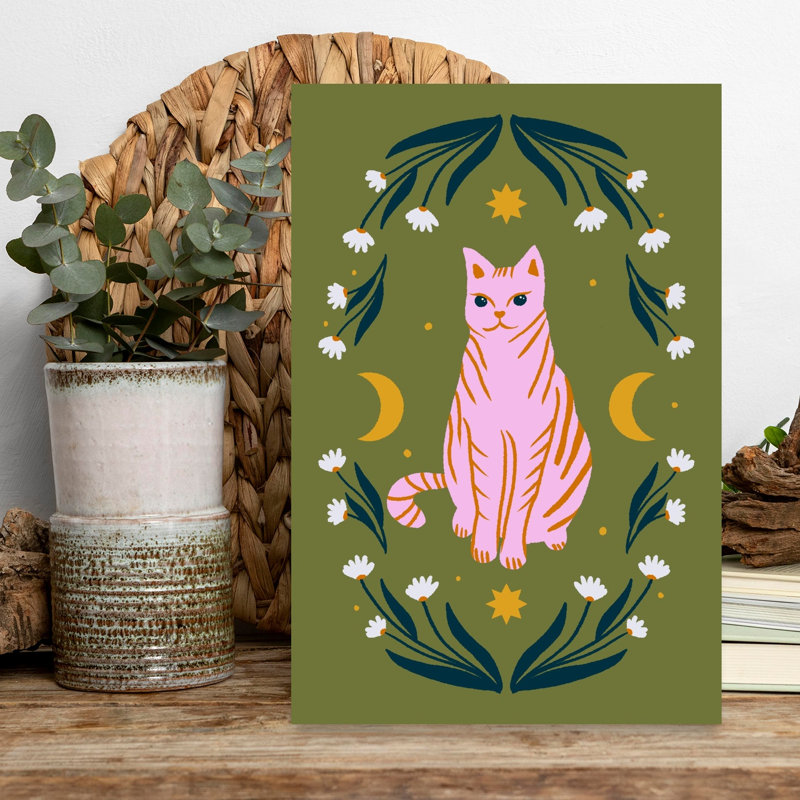 Mystic Pink Cat Abstract Cat Daisy Flower Nature Wall Art Print 1 Piece Wrapped Canvas Wall Art, 45.72cm H x 30.48cm W
