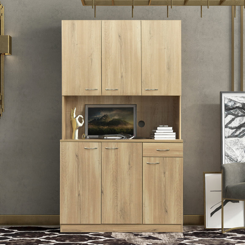 Isildo Kitchen Cabinet with Doors, Drawer& Open Shelves, Oak