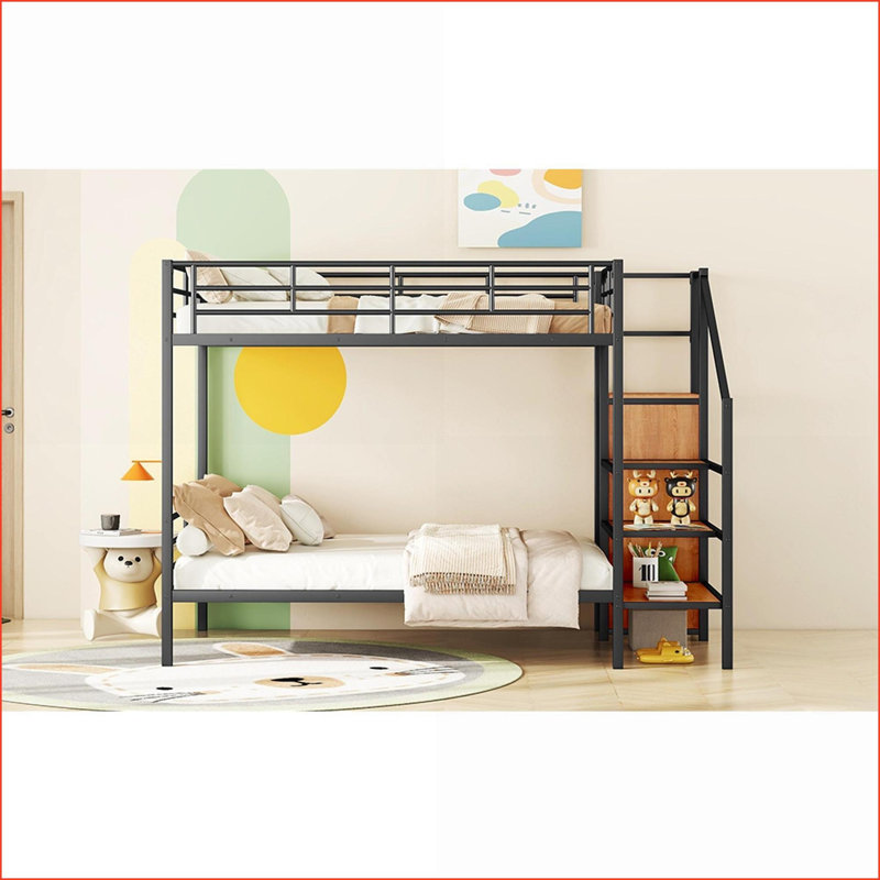 Full Over Full Metal Bunk Bed with Lateral Storage Ladder &amp; Wardrobe, Space-Saving Black for Shared Rooms