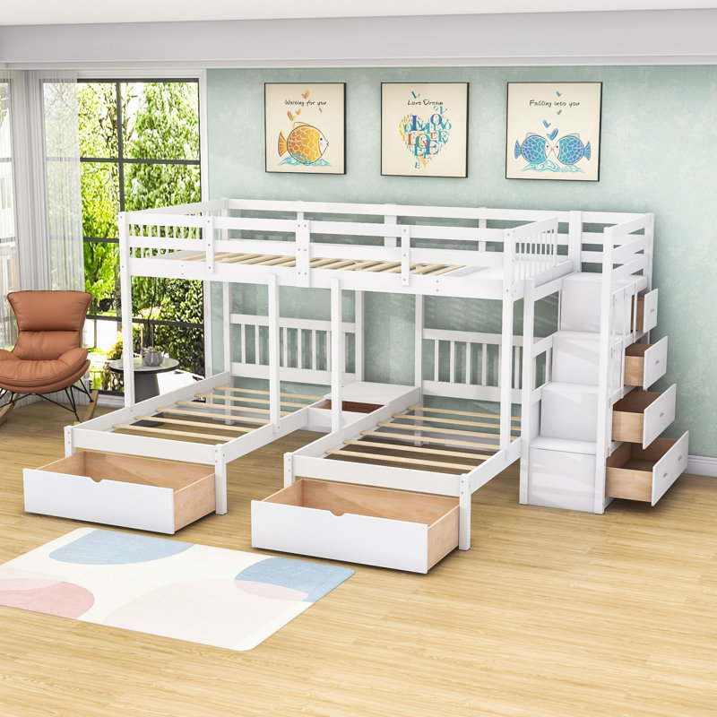 Lit superposé simple au-dessus de 7 tiroirs avec garde-corps et escalier 7 tiroirs, Blanc