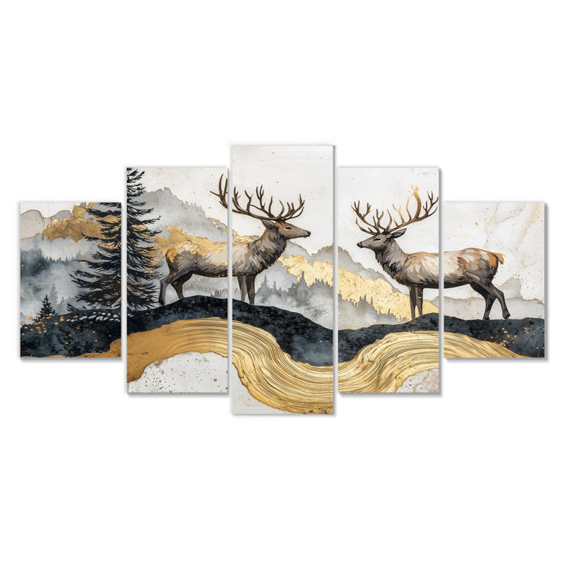 «Golden Deer Landscape Grace in The Forest V» - art mural animal cerf - ensemble d'art mural moderne