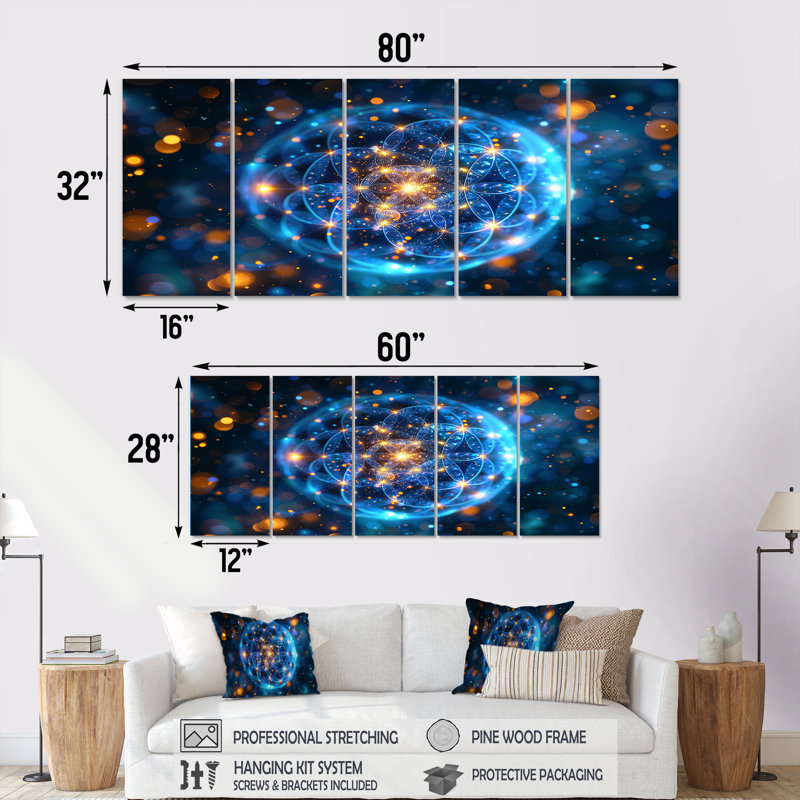 Art mural cosmique géométrique sacrée 5 pièces, H 28 po x l 60 po
