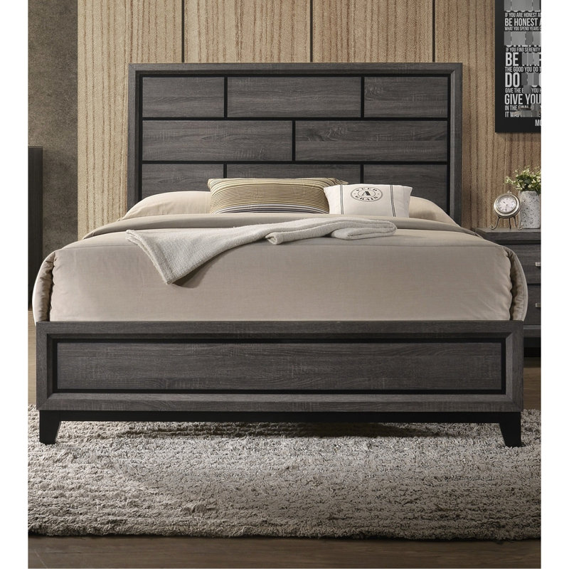 Lit moderne grand, couleur gris rustique, tête de lit transitionnelle, lit en contreplaqué et en bois avec finition et structure en bois d'hévéa