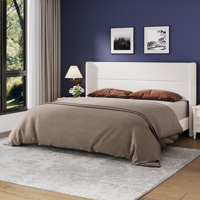 King Size Velvet Bed Frame with Wingback Headboard, Upholstered Platform Bedframe with Wood Slats, No Box Spring Needed, Easy Assembly, White