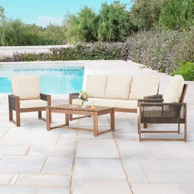 Ensemble de patio 4 pièces en cèdre avec corde et coussins en PE - Ensemble de conversation extérieur toutes saisons