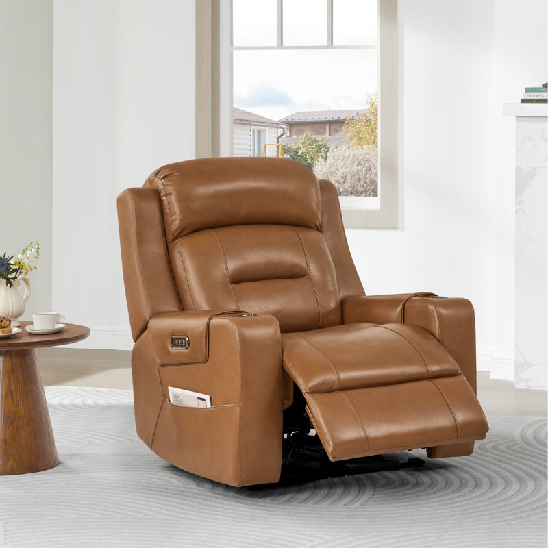 Olathe Genuine Leather Dual Motor Lay Flat Power Recliner With Power Headrest, Saddle