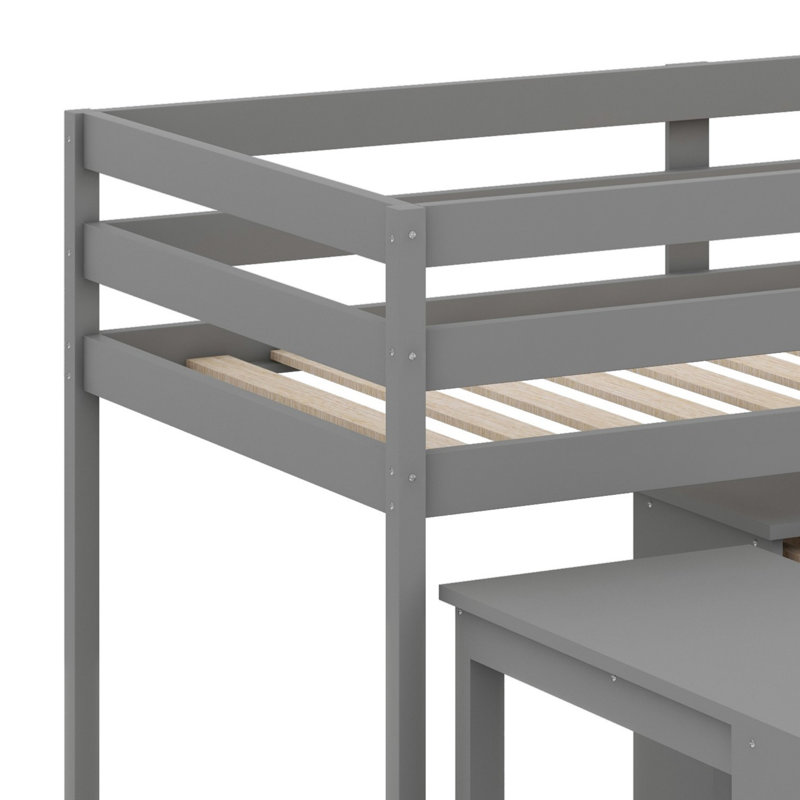 Lit mezzanine bas avec tablette, tiroirs et bureau portatif à roulettes, Gris