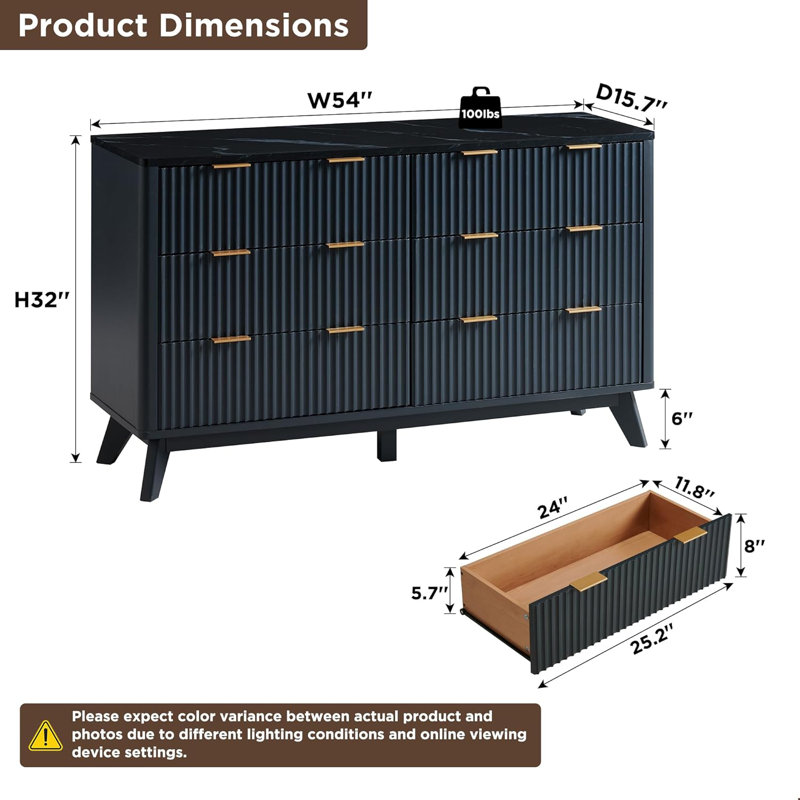 Sladen Fluted Design 6-Drawers Dresser Organizer, Wood Wide Chest of Drawers