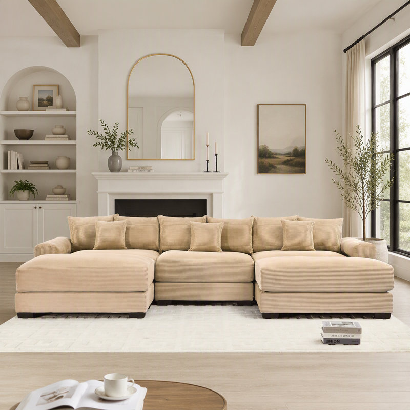 Canapé d'angle modulaire Cloud surdimensionné de 330 cm (130 pouces), tissu velours côtelé haut de gamme, assise profonde 3 places, larges accoudoirs, pouf, design ergonomique, montage facile, bleu