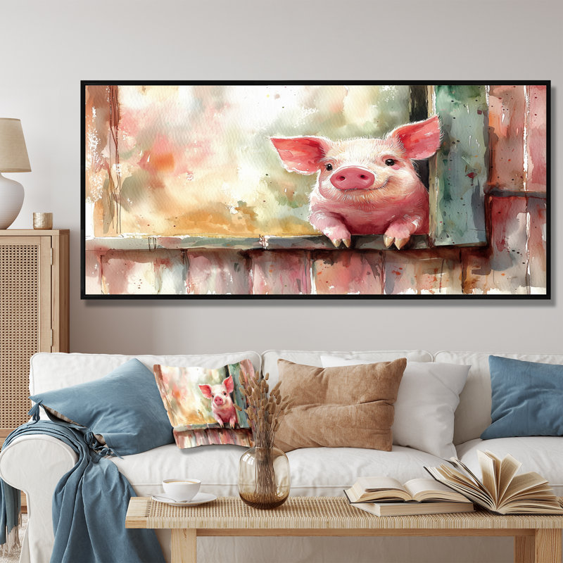 «Cute Pig Portrait At The Barn I» - animaux, art mural, H 28 po x l 60 po, Cadre flottant noir