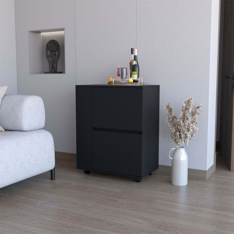 Stylish 2-Cabinet Bar Cart with Wine Storage and Smooth Rolling Wheels, Perfect for Entertaining and Organizing Beverages.