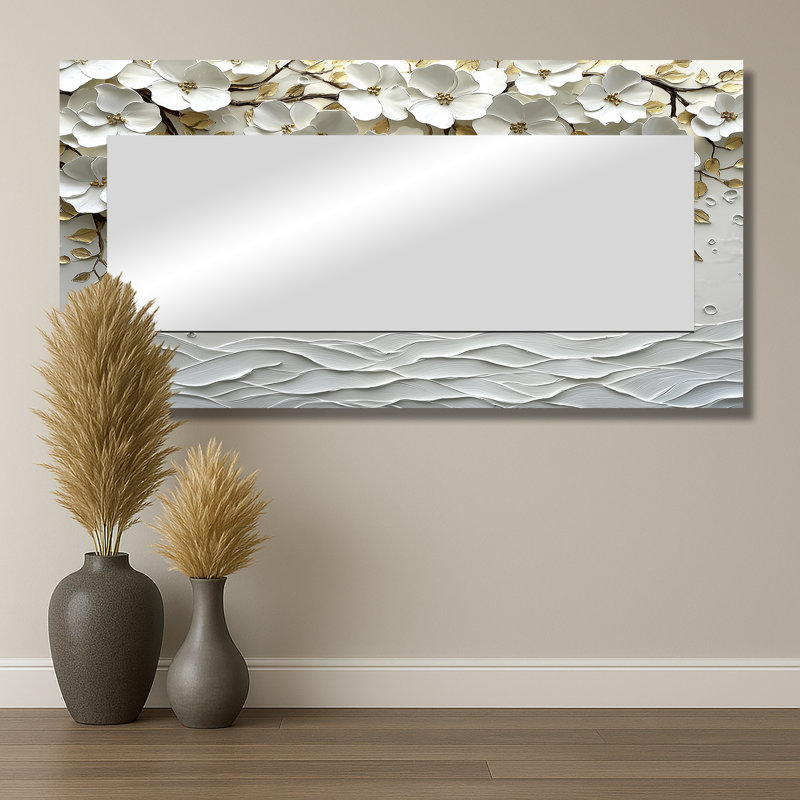 Arbre sauvage fleuri crème - miroir mural floral - imprimé sur métal, 28 po x 55 po