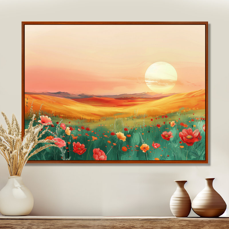«Flower Meadows At Sunset II - Landscape Mountains», art mural, H 34 po x l 44 po x P 1,5 po, Cadre flottant brun